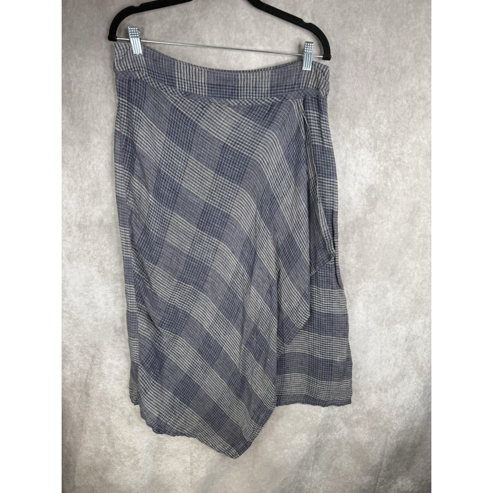 Poetry 100% Linen Midi Checkered Lagenlook Coastal Check Faux Wrap Skirt US 10